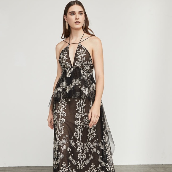 BCBGMaxAzria Dresses & Skirts - BCBGMaxazria "Leto" Embroidered Floral Halter Gown